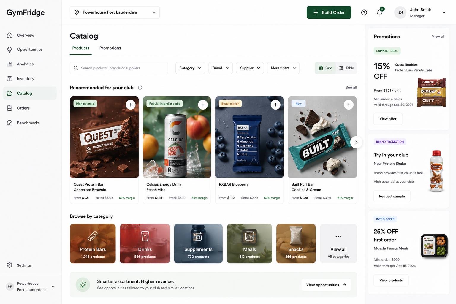 GymFridge catalog: recommended protein bars and drinks, supplier prices, margins, and product categories